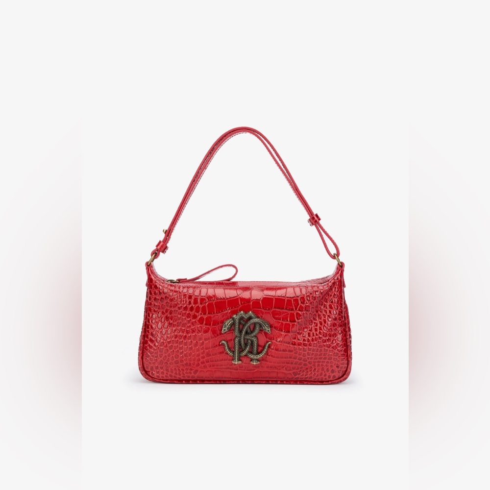Roberto cavalli Red Croc-Embossed Shoulder Bag With Mirror Snake